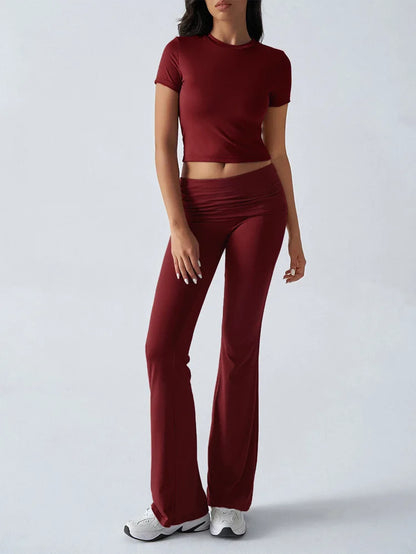 Women's Sexy Tops Suits 2025 Summer Latest Casual Solid Color Yoga Suit Slim Fit Sports Short Sleeved Pants Two-Piece Set Outfit