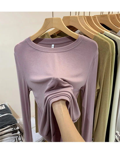 Fashion Long Sleeved T-shirt Women's Solid O-Neck Ice Silk Bottoming Shirt Spring Autumn New Pullover Simple Casual Tops