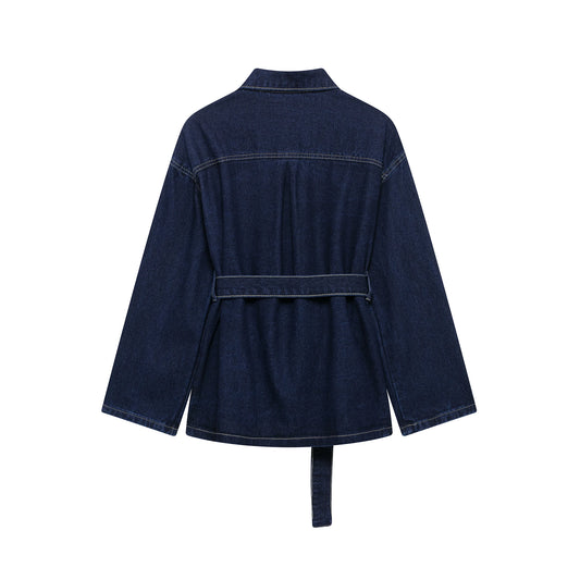 Vintage Denim Set – Belted Jacket & High-Waist Straight Jeans (2-Piece)