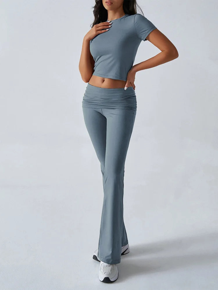 Women's Sexy Tops Suits 2025 Summer Latest Casual Solid Color Yoga Suit Slim Fit Sports Short Sleeved Pants Two-Piece Set Outfit