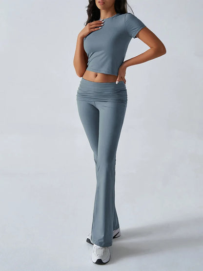 Women's Sexy Tops Suits 2025 Summer Latest Casual Solid Color Yoga Suit Slim Fit Sports Short Sleeved Pants Two-Piece Set Outfit