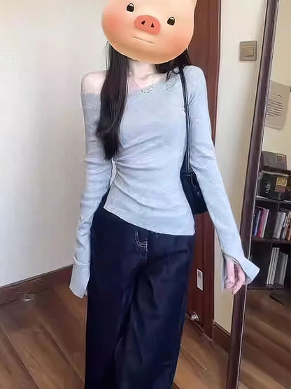 Off shoulder Long sleeve T shirt Women One shoulder Fitted Basic Plain Tee Shirt Lady Split Casual Top Spring Autumn Winter