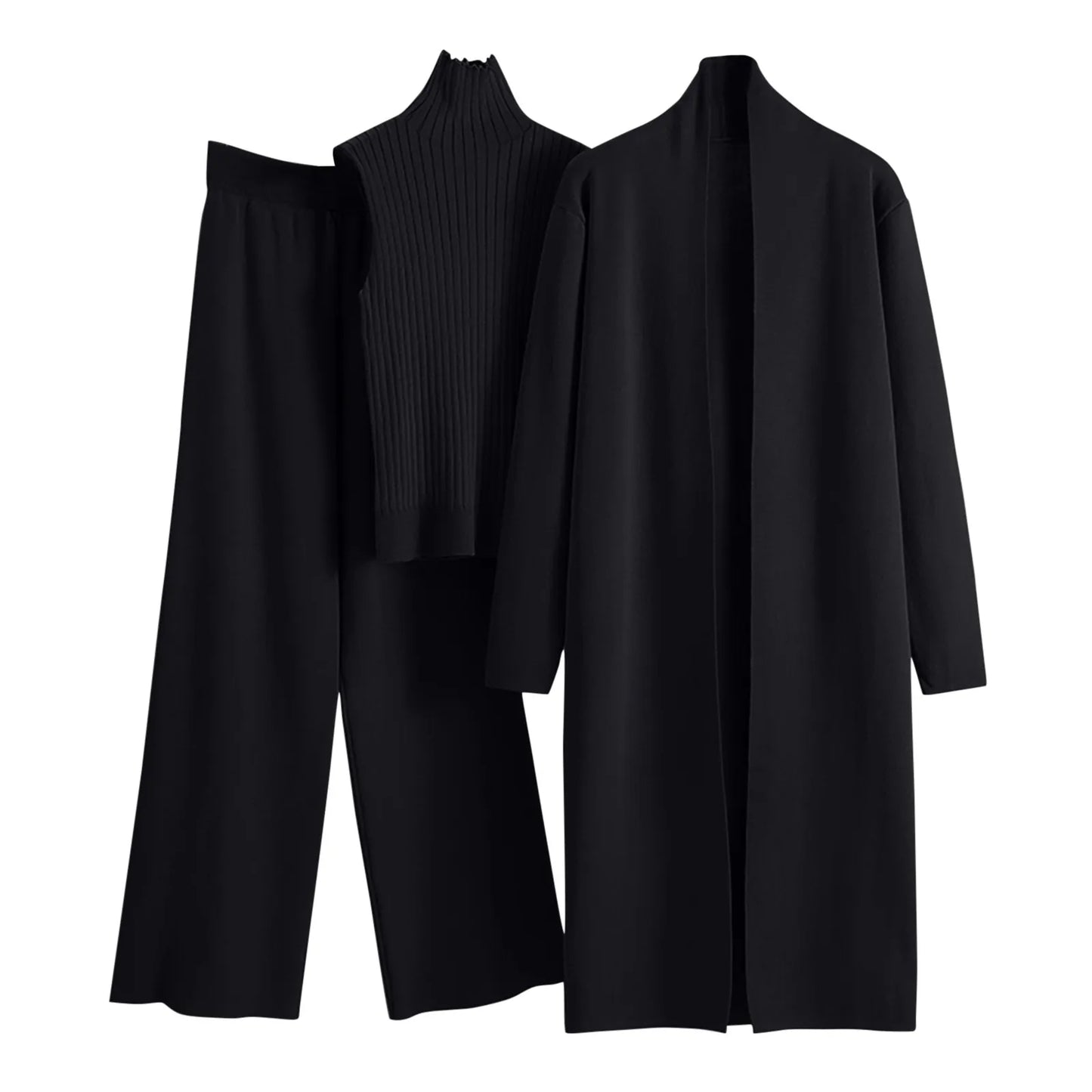 Ladies 3 Piece Outfits Sweater Sets Pullover Crop Top & Knitted Long Cardigan & Wide Leg Pants Suits Autumn Clothes Sets