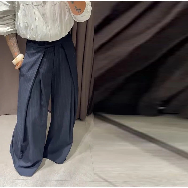 Fashion Chic Irregular Striped Long Pants For Women High Waist Loose Trouser 2025 Autumn Winter Fashion Female Daily Casual Pant