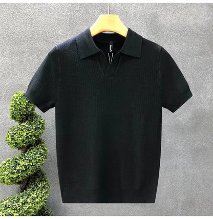 Casual Knitted Polo Shirt Men's Short Sleeve Cuban Collar T-Shirt Summer Fashion Individualistic Turn-down Collar Male Top