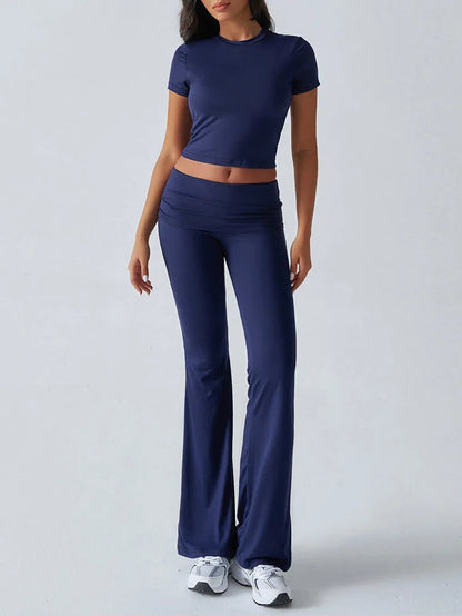 Women's Sexy Tops Suits 2025 Summer Latest Casual Solid Color Yoga Suit Slim Fit Sports Short Sleeved Pants Two-Piece Set Outfit