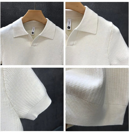 Casual Knitted Polo Shirt Men's Short Sleeve Cuban Collar T-Shirt Summer Fashion Individualistic Turn-down Collar Male Top