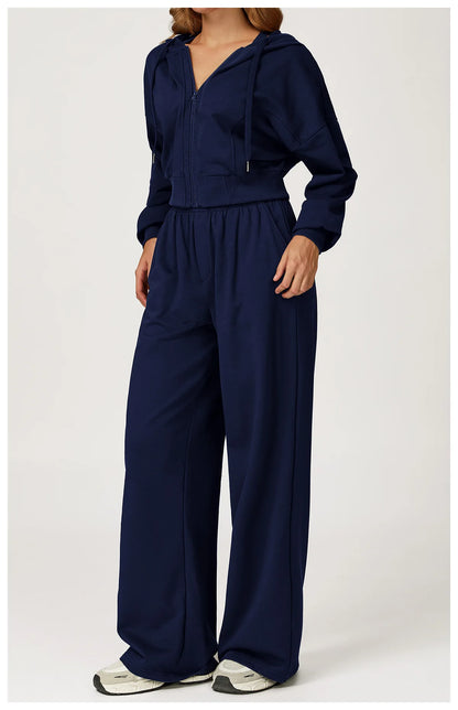 Winter 2-piece Sports Hoodie Set Women's Tracksuit Zipper Loose Long Sleeved Hooded Slimming Yoga Pants Set Running Fitness Set