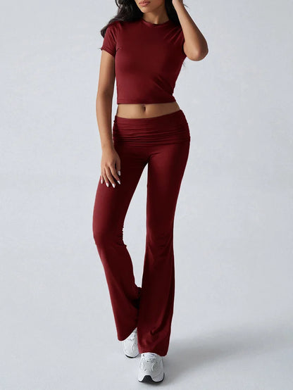 Women's Sexy Tops Suits 2025 Summer Latest Casual Solid Color Yoga Suit Slim Fit Sports Short Sleeved Pants Two-Piece Set Outfit