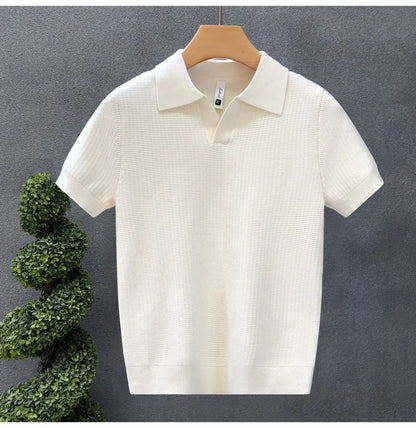 Casual Knitted Polo Shirt Men's Short Sleeve Cuban Collar T-Shirt Summer Fashion Individualistic Turn-down Collar Male Top