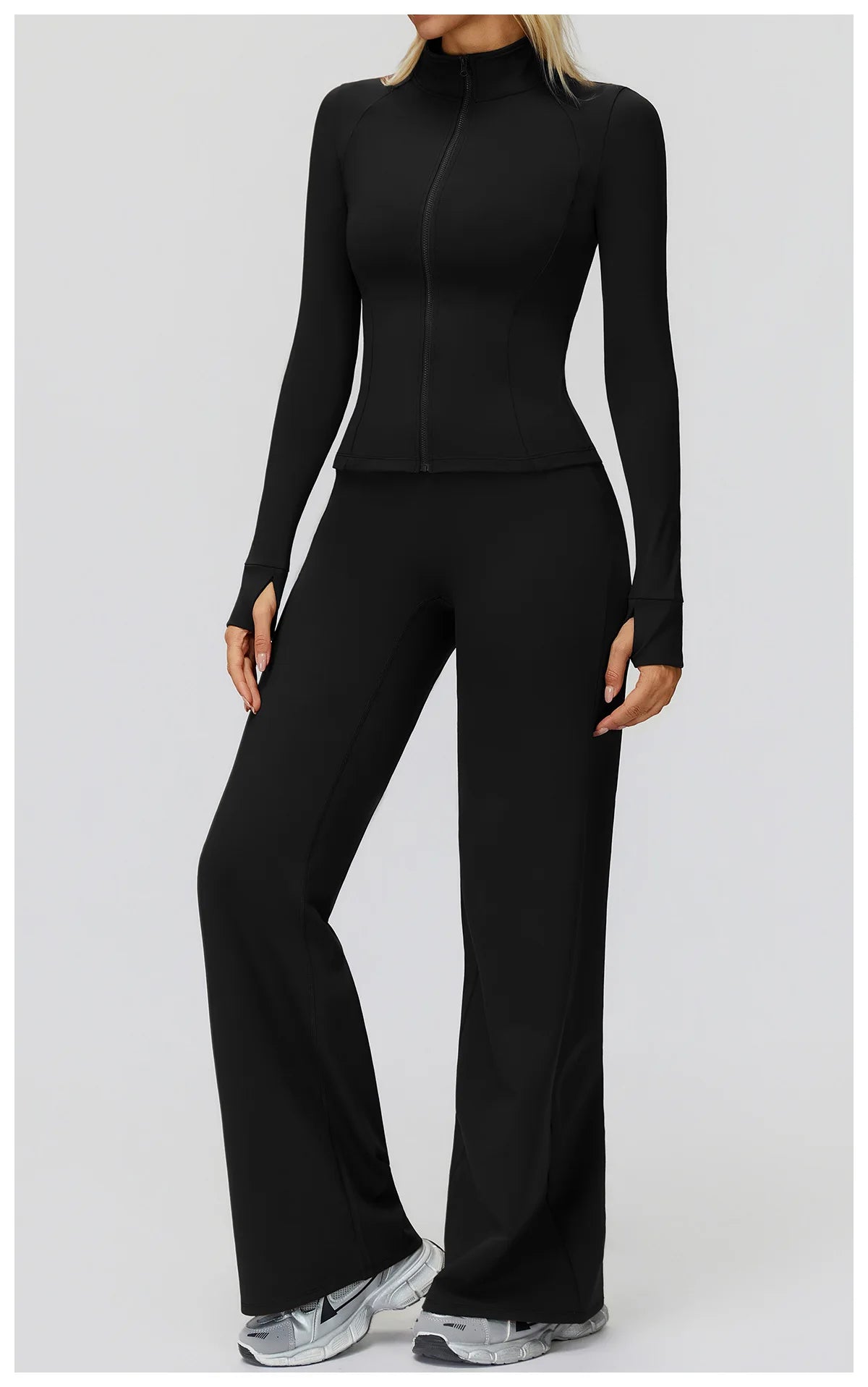 2Pcs Women's Long Sleeve Sports Jacket Zipper Gym Suit Outdoor Sportswear Yoga Workout Two-Piece Fitness Set Female Outfit