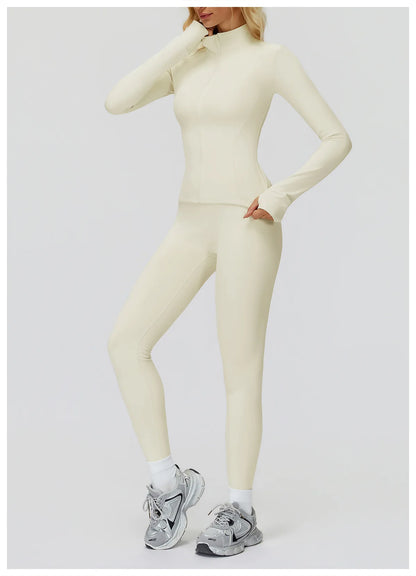 2Pcs Women's Long Sleeve Sports Jacket Zipper Gym Suit Outdoor Sportswear Yoga Workout Two-Piece Fitness Set Female Outfit