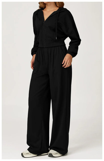 Winter 2-piece Sports Hoodie Set Women's Tracksuit Zipper Loose Long Sleeved Hooded Slimming Yoga Pants Set Running Fitness Set