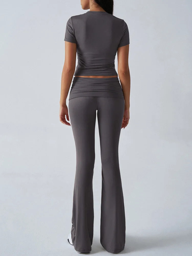 Women's Sexy Tops Suits 2025 Summer Latest Casual Solid Color Yoga Suit Slim Fit Sports Short Sleeved Pants Two-Piece Set Outfit