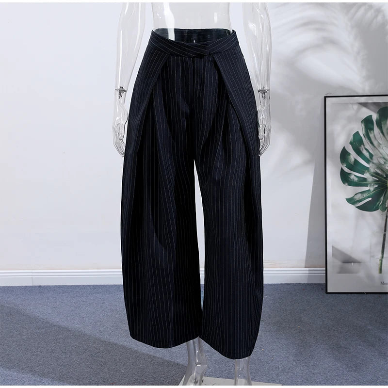 Fashion Chic Irregular Striped Long Pants For Women High Waist Loose Trouser 2025 Autumn Winter Fashion Female Daily Casual Pant