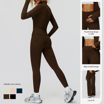 2Pcs Women's Long Sleeve Sports Jacket Zipper Gym Suit Outdoor Sportswear Yoga Workout Two-Piece Fitness Set Female Outfit