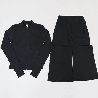Women's Long Sleeve Sports Jacket with Pocket Outdoor Fall/Winter Gym Suit Yoga Workout Two-Piece Fitness Outfit Female