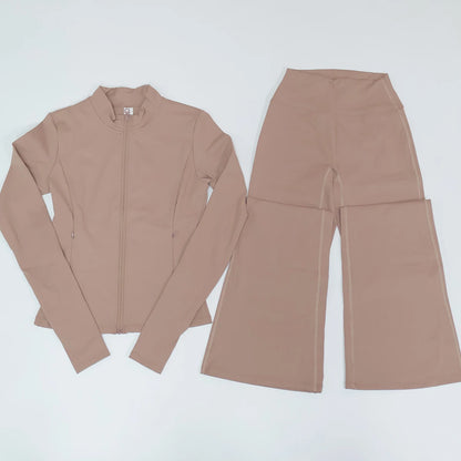 Women's Long Sleeve Sports Jacket with Pocket Outdoor Fall/Winter Gym Suit Yoga Workout Two-Piece Fitness Outfit Female