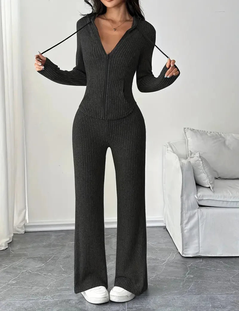Solid Color Casual Slim Pants Sets For Women 2025 Elegant Autumn Women's Two Pieces Suit Full Trouser Set Female Outfit Clothes