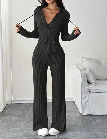 Solid Color Casual Slim Pants Sets For Women 2025 Elegant Autumn Women's Two Pieces Suit Full Trouser Set Female Outfit Clothes