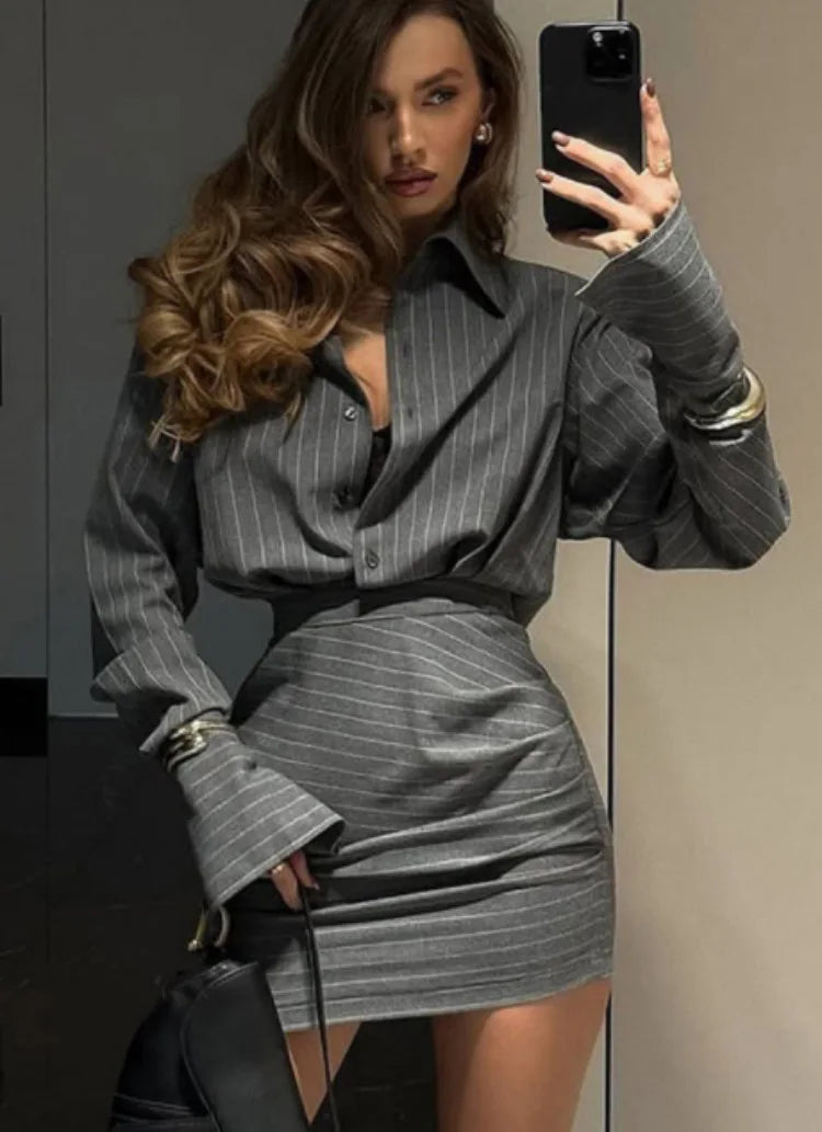 Spring And Summer New Fashion Striped Top Short Skirt Two-piece Set Simple Casual Temperament Elegant Short Skirt Sets Women