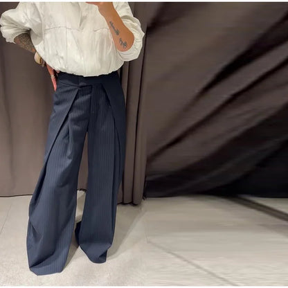 Fashion Chic Irregular Striped Long Pants For Women High Waist Loose Trouser 2025 Autumn Winter Fashion Female Daily Casual Pant