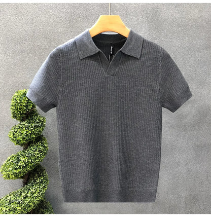 Casual Knitted Polo Shirt Men's Short Sleeve Cuban Collar T-Shirt Summer Fashion Individualistic Turn-down Collar Male Top