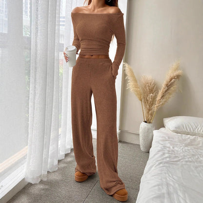 Two Pieces Women Pant Sets Solid Matching Set Long Sleeves Top Elastic Waist Wide Leg Pant Slim Fit Casual 2025 Autumn Winter