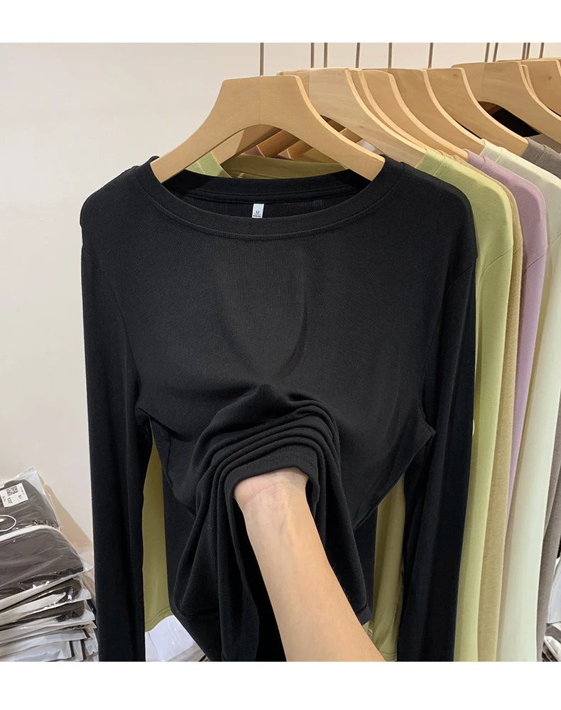 Fashion Long Sleeved T-shirt Women's Solid O-Neck Ice Silk Bottoming Shirt Spring Autumn New Pullover Simple Casual Tops