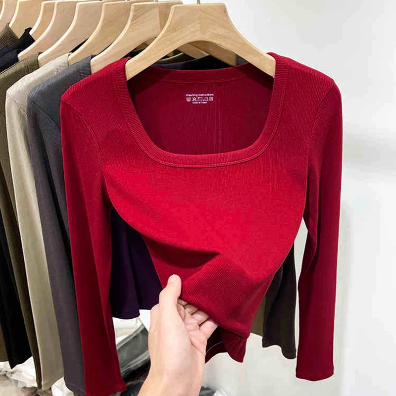 Fashion Square Collar Long Sleeve T-shirt for Women 2025 Spring Autumn New Slim Short Tops Solid Casual Thin Bottoming Shirt
