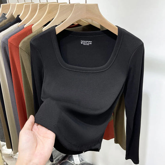 Fashion Square Collar Long Sleeve T-shirt for Women 2025 Spring Autumn New Slim Short Tops Solid Casual Thin Bottoming Shirt
