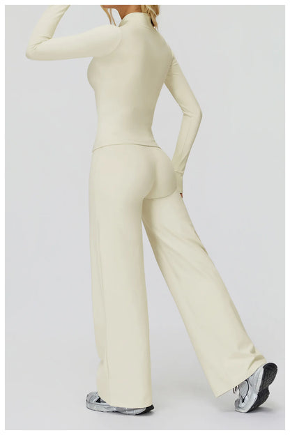 2Pcs Women's Long Sleeve Sports Jacket Zipper Gym Suit Outdoor Sportswear Yoga Workout Two-Piece Fitness Set Female Outfit