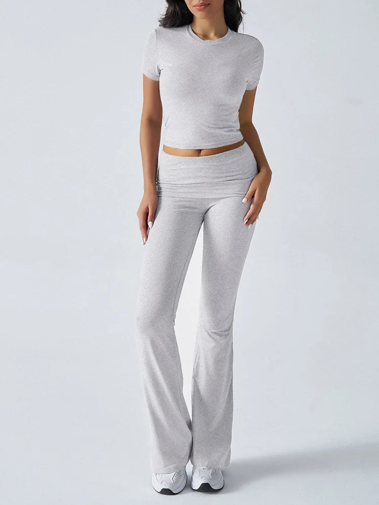 Women's Sexy Tops Suits 2025 Summer Latest Casual Solid Color Yoga Suit Slim Fit Sports Short Sleeved Pants Two-Piece Set Outfit