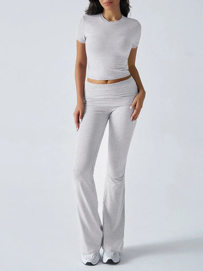 Women's Sexy Tops Suits 2025 Summer Latest Casual Solid Color Yoga Suit Slim Fit Sports Short Sleeved Pants Two-Piece Set Outfit