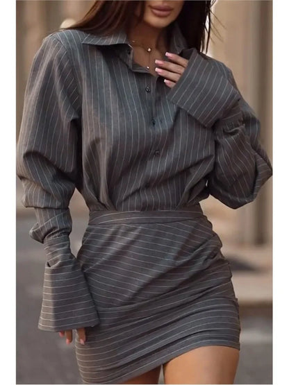 Spring And Summer New Fashion Striped Top Short Skirt Two-piece Set Simple Casual Temperament Elegant Short Skirt Sets Women