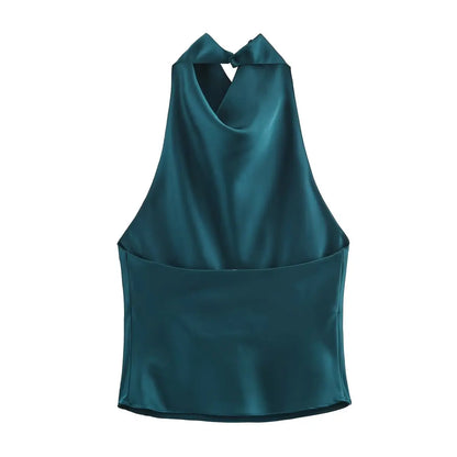 2026 Halter Tops For Women Satin Backless Short Top Female Summer Beach Top Woman off Shoulder Camisole Top Women