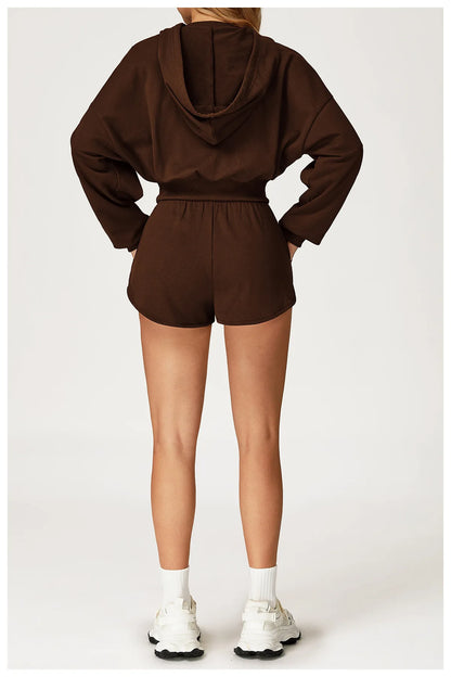 Winter 2-piece Sports Hoodie Set Women's Tracksuit Zipper Loose Long Sleeved Hooded Slimming Yoga Pants Set Running Fitness Set