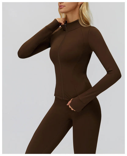 2Pcs Women's Long Sleeve Sports Jacket Zipper Gym Suit Outdoor Sportswear Yoga Workout Two-Piece Fitness Set Female Outfit