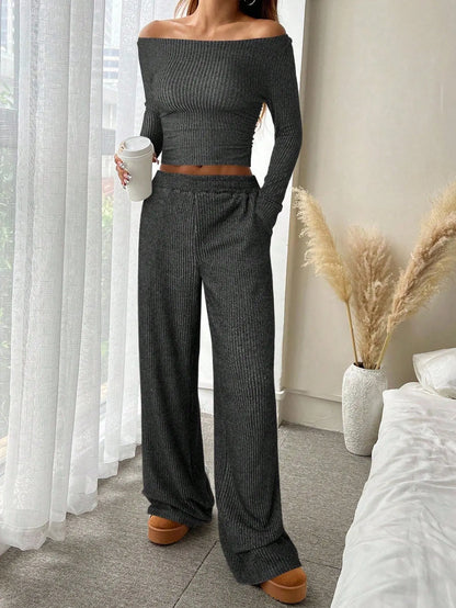 Two Pieces Women Pant Sets Solid Matching Set Long Sleeves Top Elastic Waist Wide Leg Pant Slim Fit Casual 2025 Autumn Winter