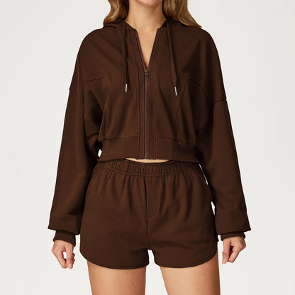 Winter 2-piece Sports Hoodie Set Women's Tracksuit Zipper Loose Long Sleeved Hooded Slimming Yoga Pants Set Running Fitness Set