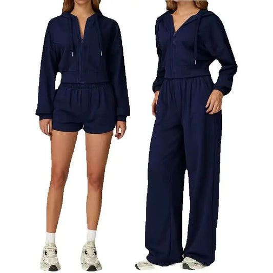 Winter 2-piece Sports Hoodie Set Women's Tracksuit Zipper Loose Long Sleeved Hooded Slimming Yoga Pants Set Running Fitness Set