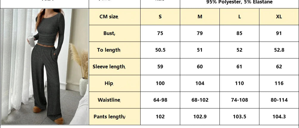 Two Pieces Women Pant Sets Solid Matching Set Long Sleeves Top Elastic Waist Wide Leg Pant Slim Fit Casual 2025 Autumn Winter