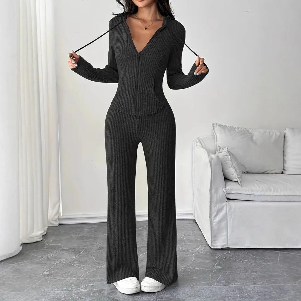 Solid Color Casual Slim Pants Sets For Women 2025 Elegant Autumn Women's Two Pieces Suit Full Trouser Set Female Outfit Clothes