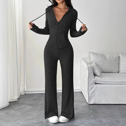 Solid Color Casual Slim Pants Sets For Women 2025 Elegant Autumn Women's Two Pieces Suit Full Trouser Set Female Outfit Clothes