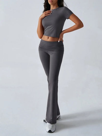 Women's Sexy Tops Suits 2025 Summer Latest Casual Solid Color Yoga Suit Slim Fit Sports Short Sleeved Pants Two-Piece Set Outfit