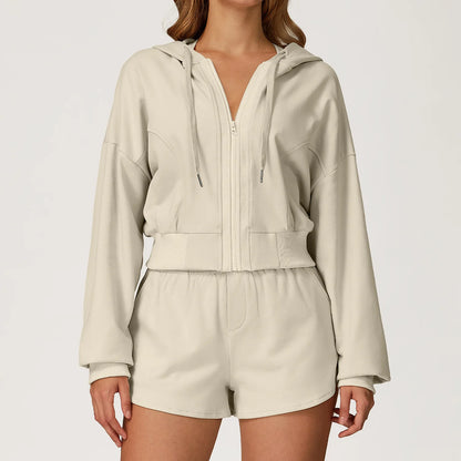 Winter 2-piece Sports Hoodie Set Women's Tracksuit Zipper Loose Long Sleeved Hooded Slimming Yoga Pants Set Running Fitness Set