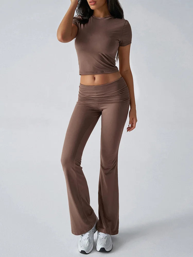 Women's Sexy Tops Suits 2025 Summer Latest Casual Solid Color Yoga Suit Slim Fit Sports Short Sleeved Pants Two-Piece Set Outfit