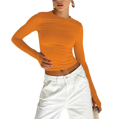 Fashion Women T-shirt Long Sleeve Crew Neck Solid Slim Fit Ladies Crop Top with Thumb Holes for Daily Streetwear Summer Camis