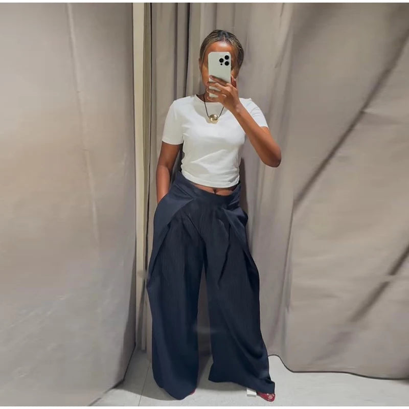 Fashion Chic Irregular Striped Long Pants For Women High Waist Loose Trouser 2025 Autumn Winter Fashion Female Daily Casual Pant