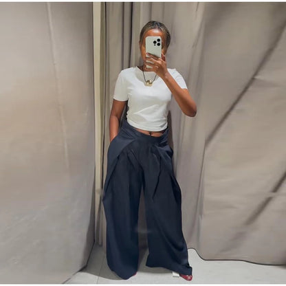 Fashion Chic Irregular Striped Long Pants For Women High Waist Loose Trouser 2025 Autumn Winter Fashion Female Daily Casual Pant